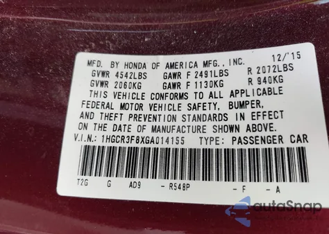 2016 Honda Accord Ex-L V-6 из США, поврежденный, VIN 1HGCR3F8XGA014155